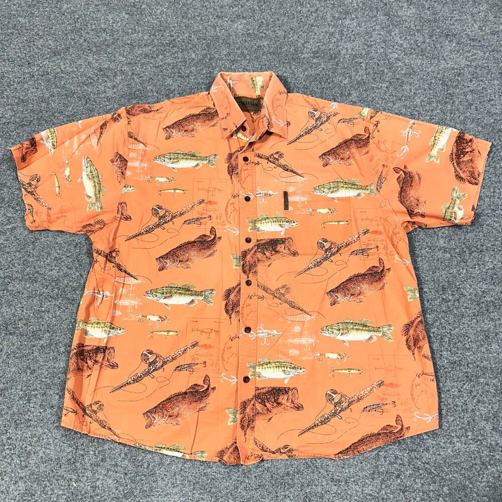 Magellan Sportswear Salmon Pink Bass Fish Print Short Sleeve Button Up Shirt XL